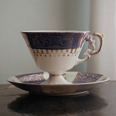 Vintage Japanese Lusterware Gold and Dusty Indigo Pedestal Teacup