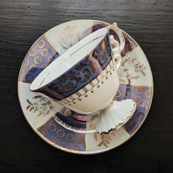 Vintage Japanese Lusterware Gold and Dusty Indigo Pedestal Teacup