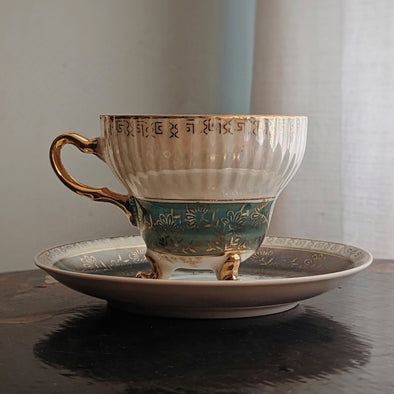 Vintage Japanese Lusterware Gold and Teal Footed Teacup