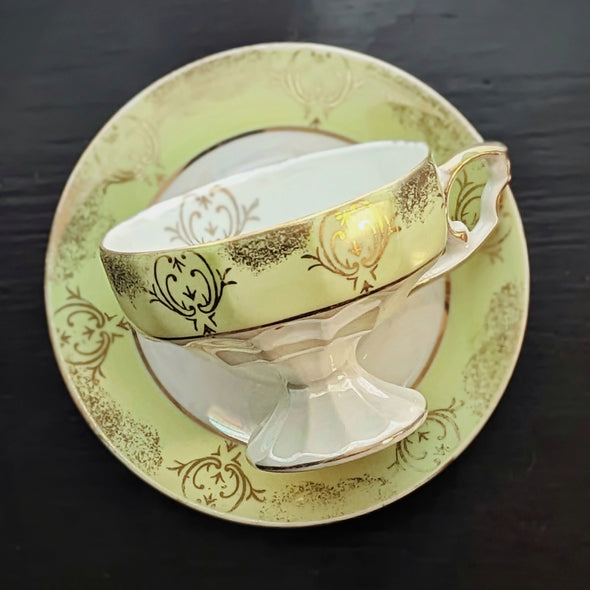 Vintage Japanese Lusterware Gold and Spring Green Pedestal Teacup